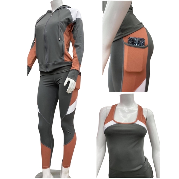 3-Piece Set Women's Activewear Leggings, Hoodie & Top Color Block Size Large - Picture 2 of 10